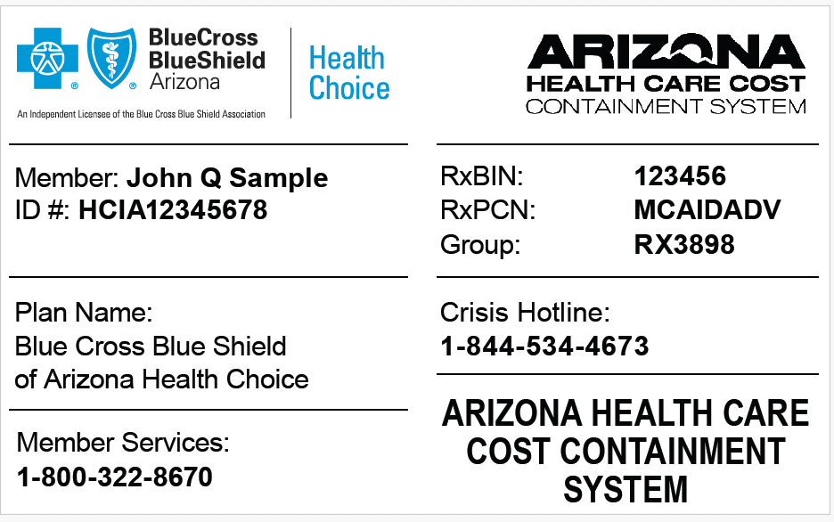 Example insurance ID card for AHCCCS Plan with the member number highlighted 